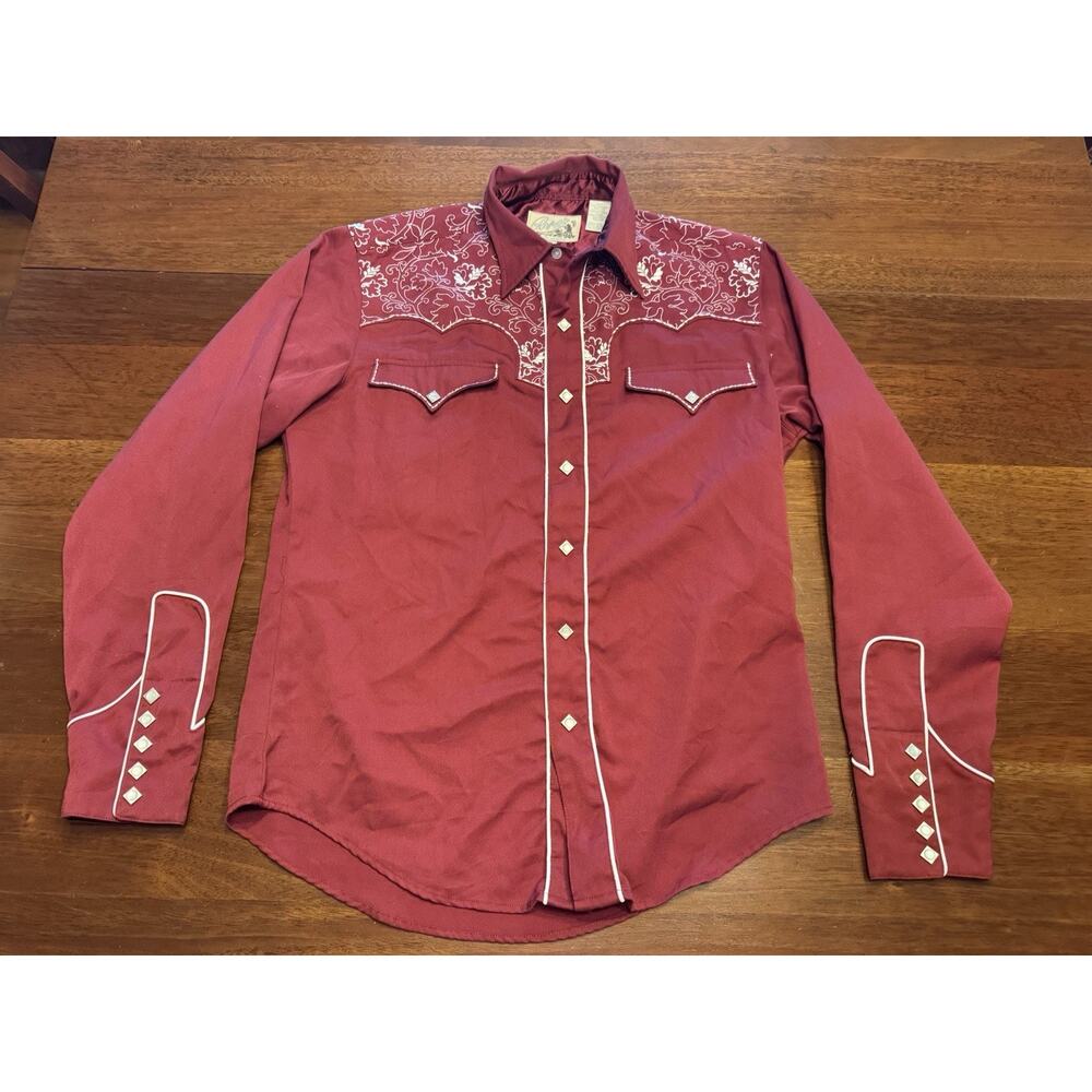 Medium Roper Western Embroidered Diamond Snap Cowboy Rockabilly Shirt Maroon
